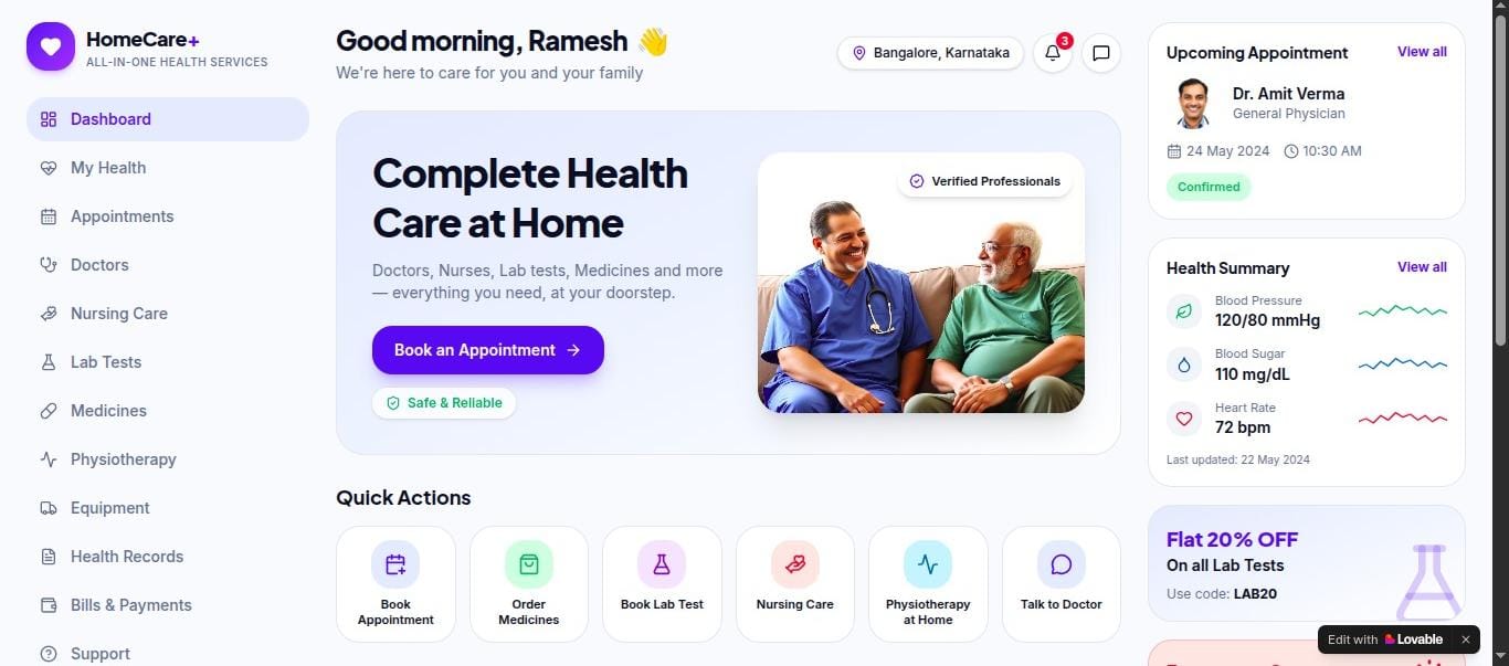 Mobile homecare app showing caregiver profiles, booking schedule, and care requests